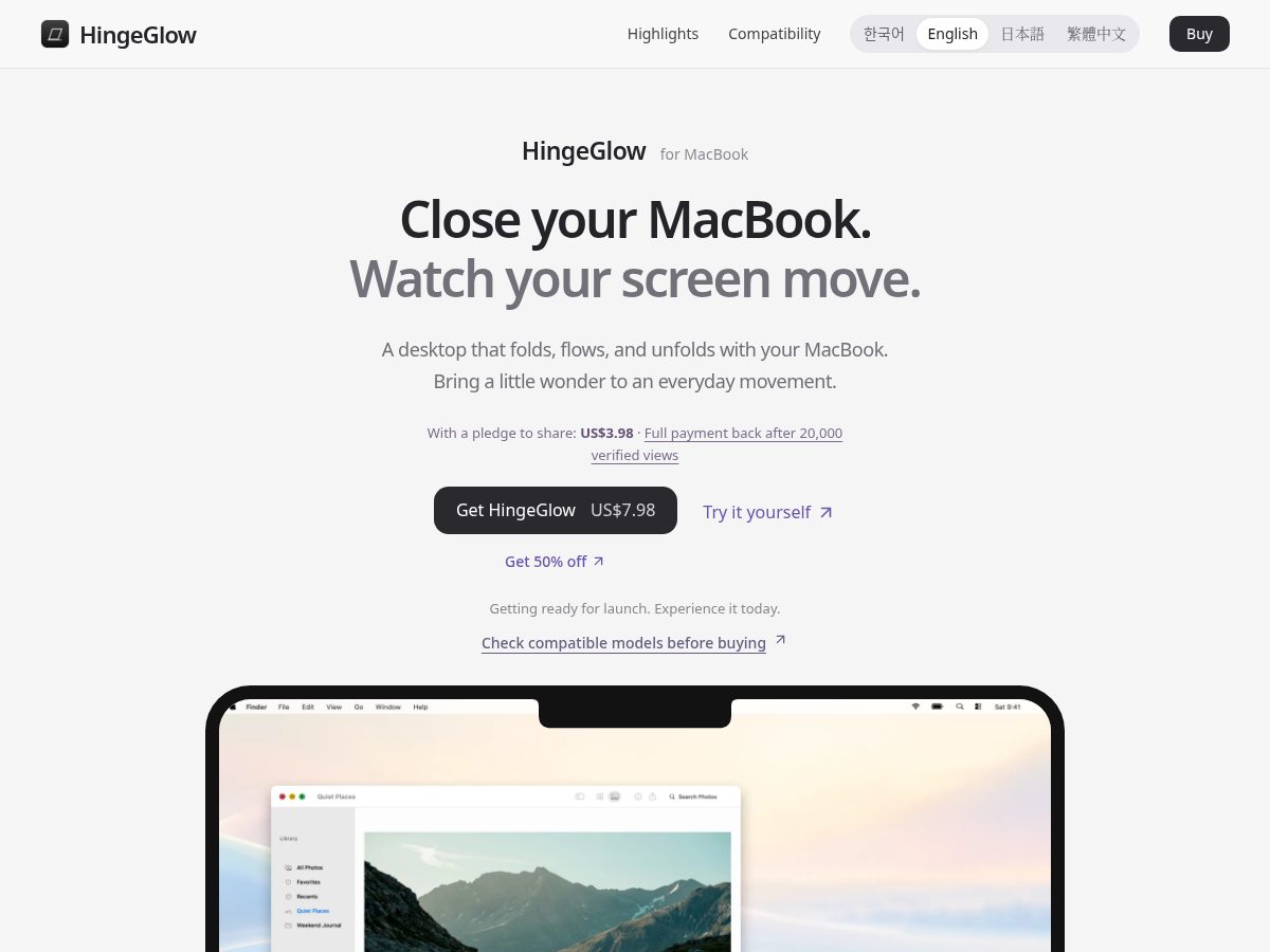 Landing-page snapshot of hingeglow.com
