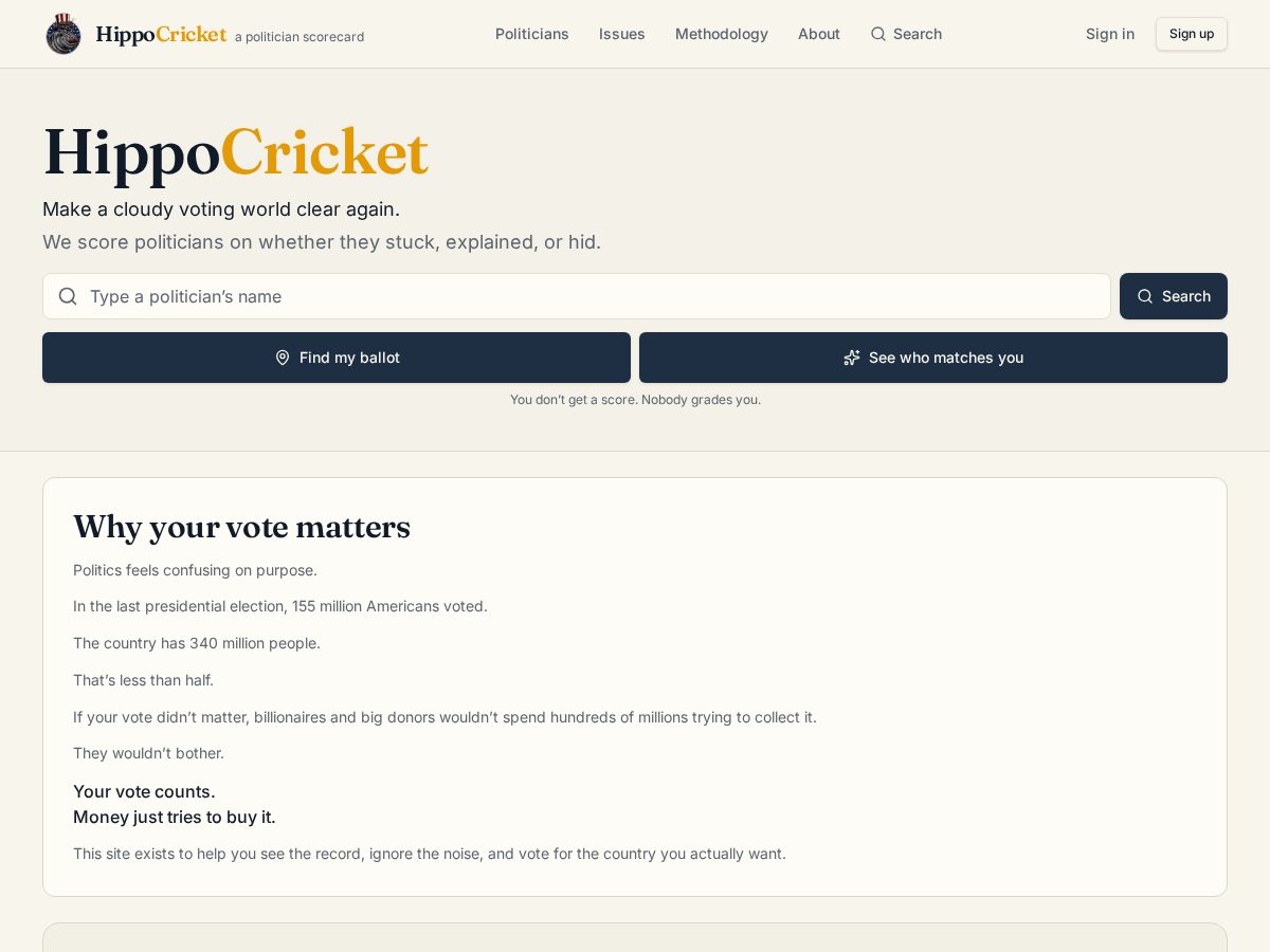 Landing-page snapshot of hippo-cricket.com