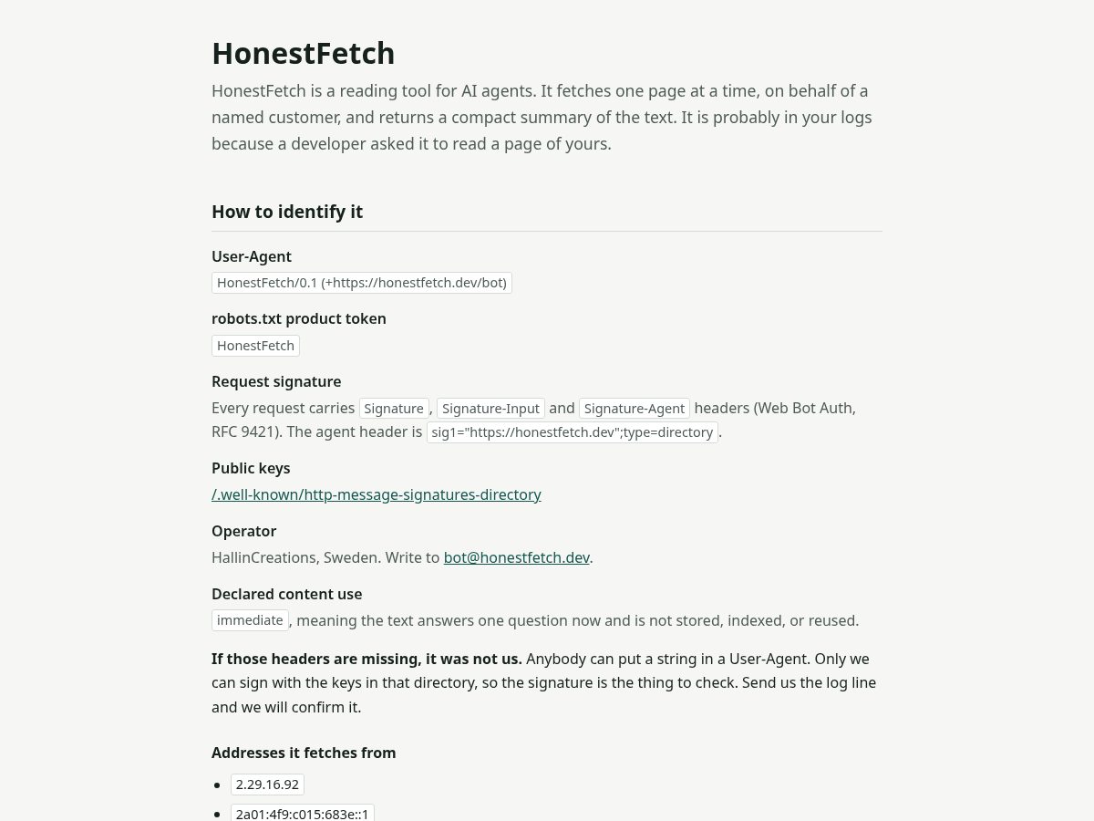 Landing-page snapshot of honestfetch.dev