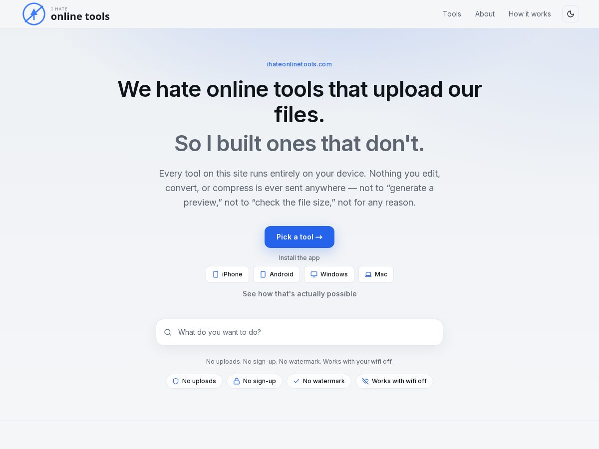 Landing-page snapshot of ihateonlinetools.com