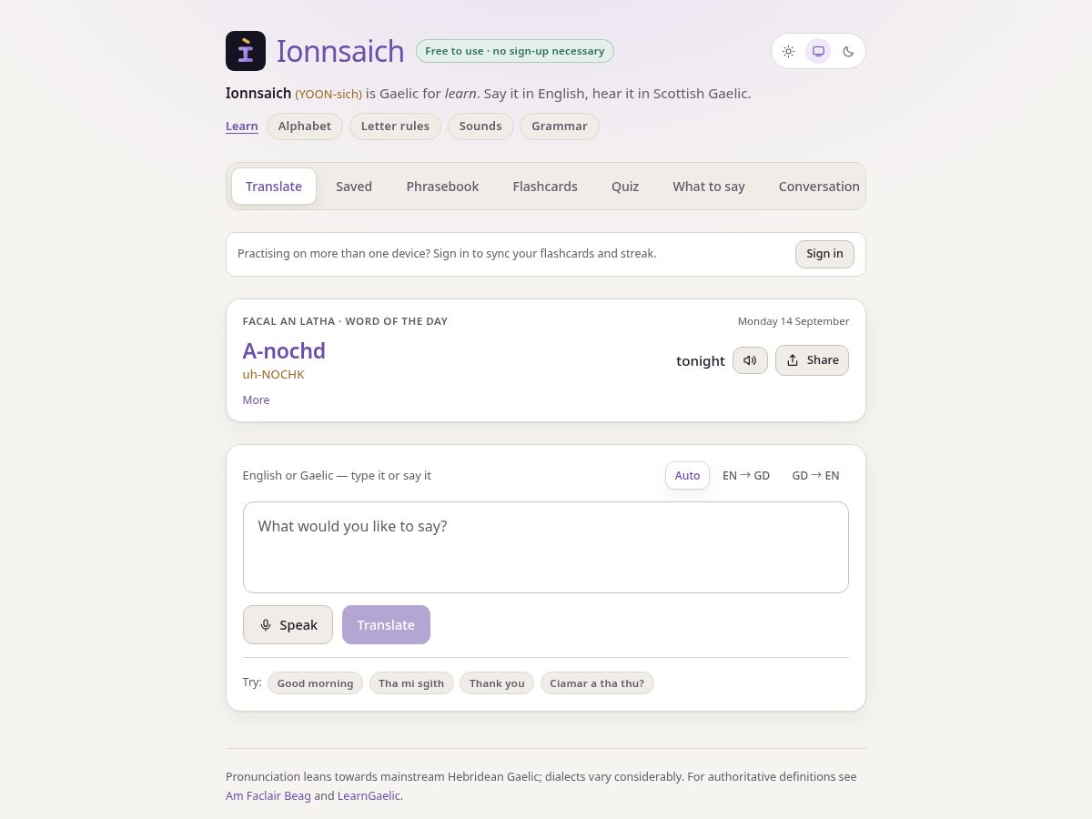 Landing-page snapshot of ionnsaich.app