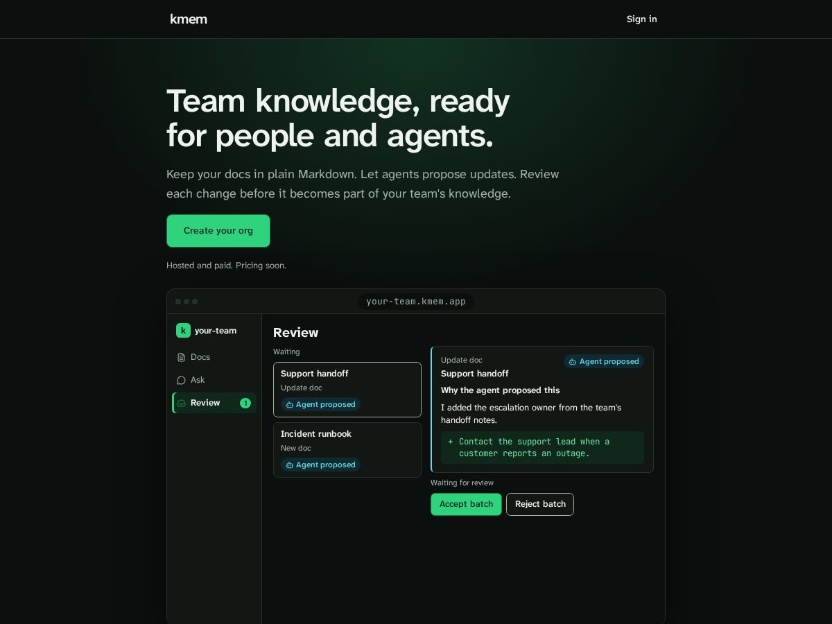 Landing-page snapshot of kmem.app