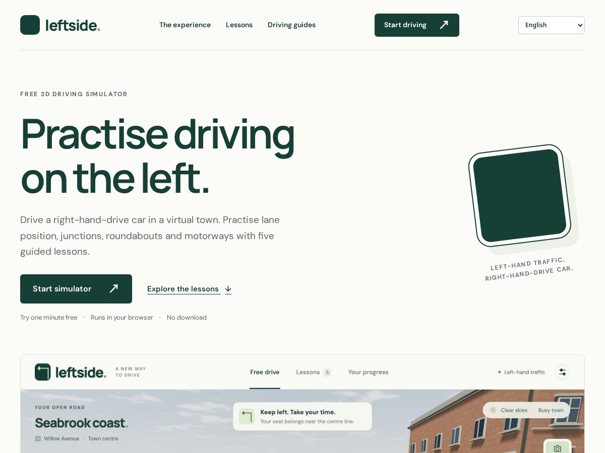 Landing-page snapshot of leftdrivesim.com