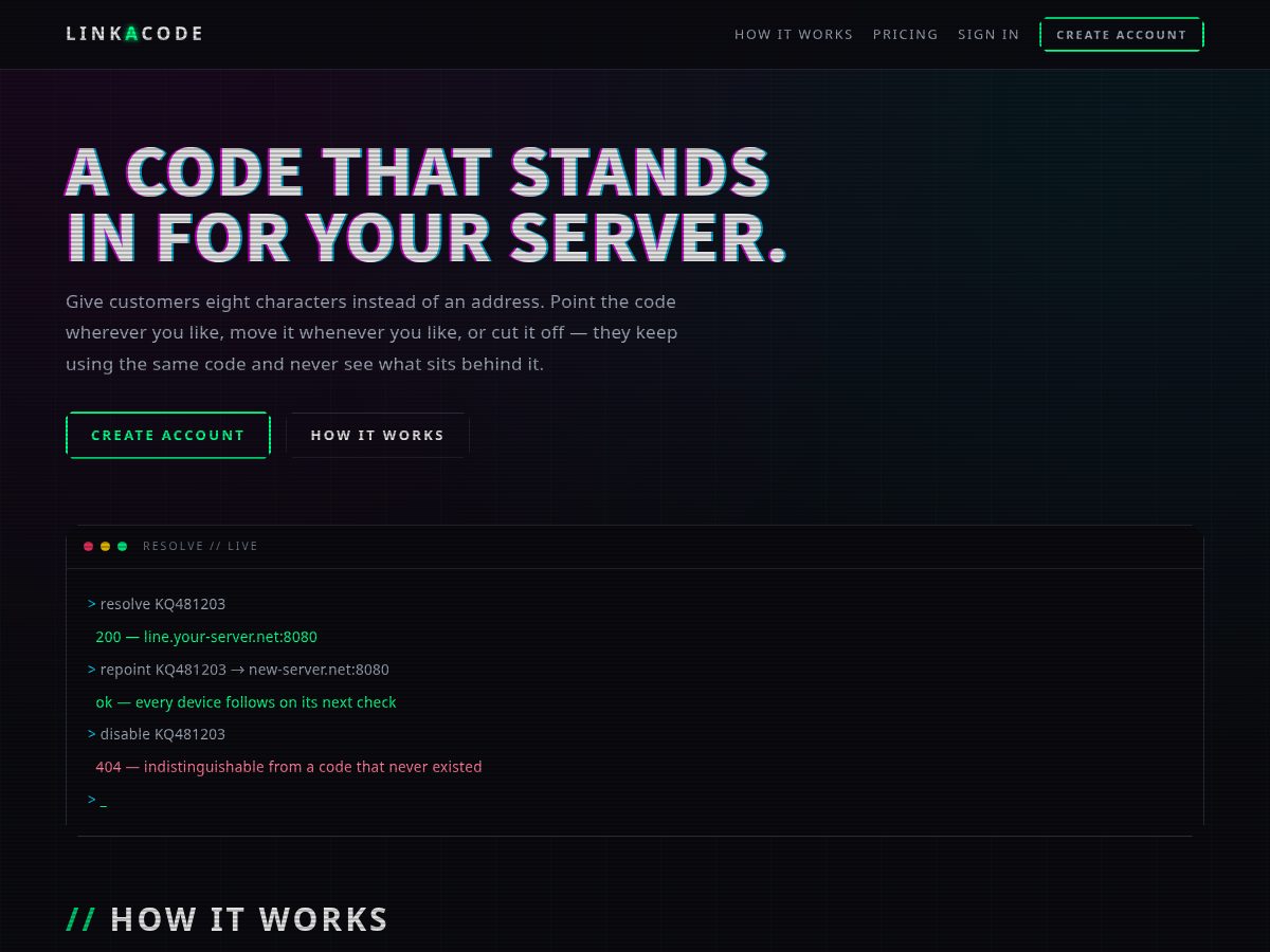 Landing-page snapshot of linkacode.com