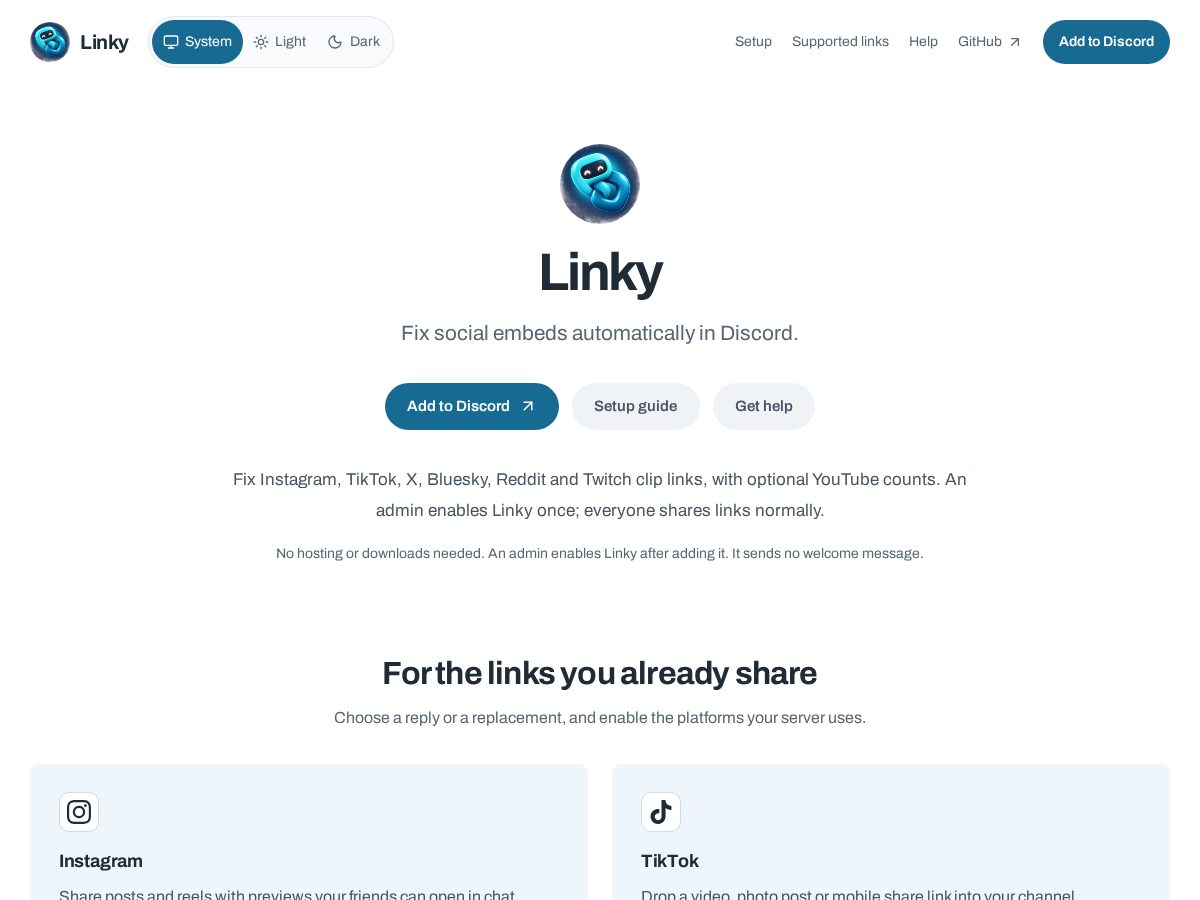 Landing-page snapshot of linkybot.dev