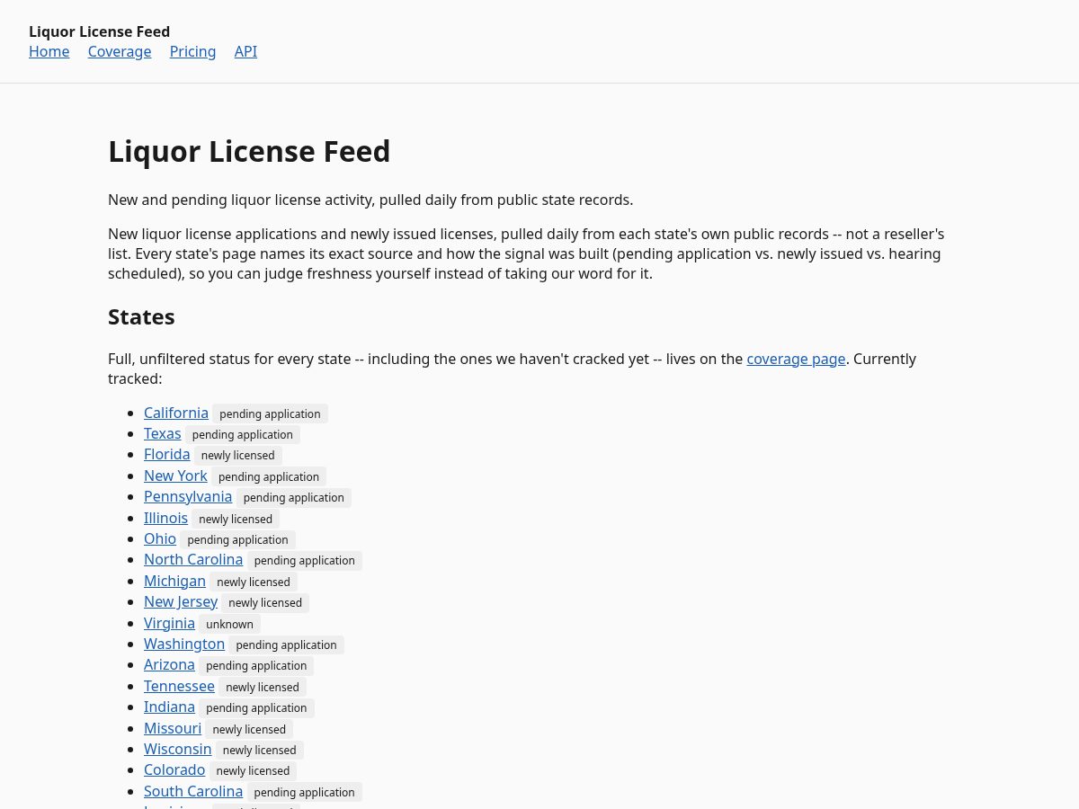 Landing-page snapshot of liquorlicensefeed.com