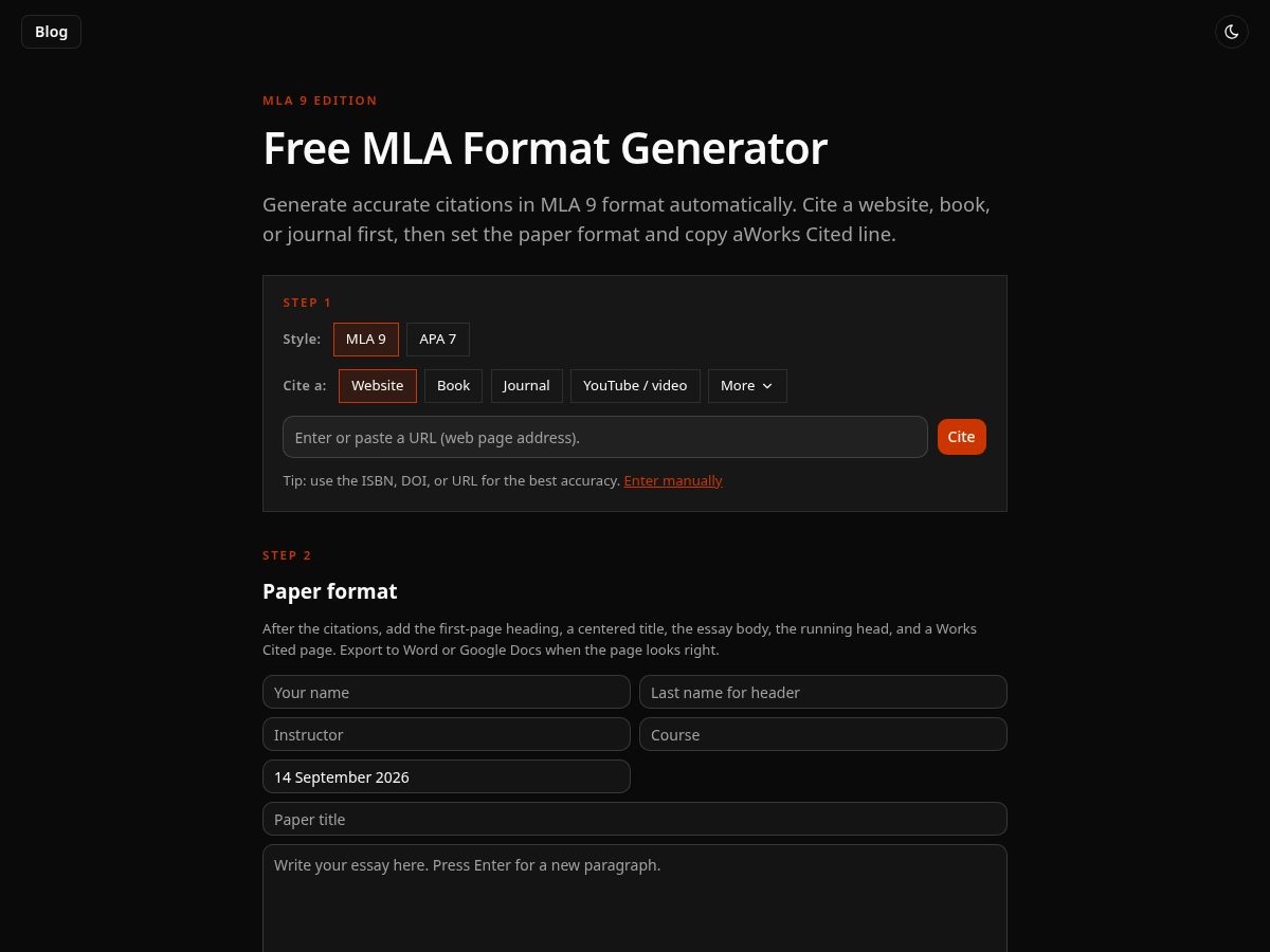 Landing-page snapshot of mla-format-generator.com