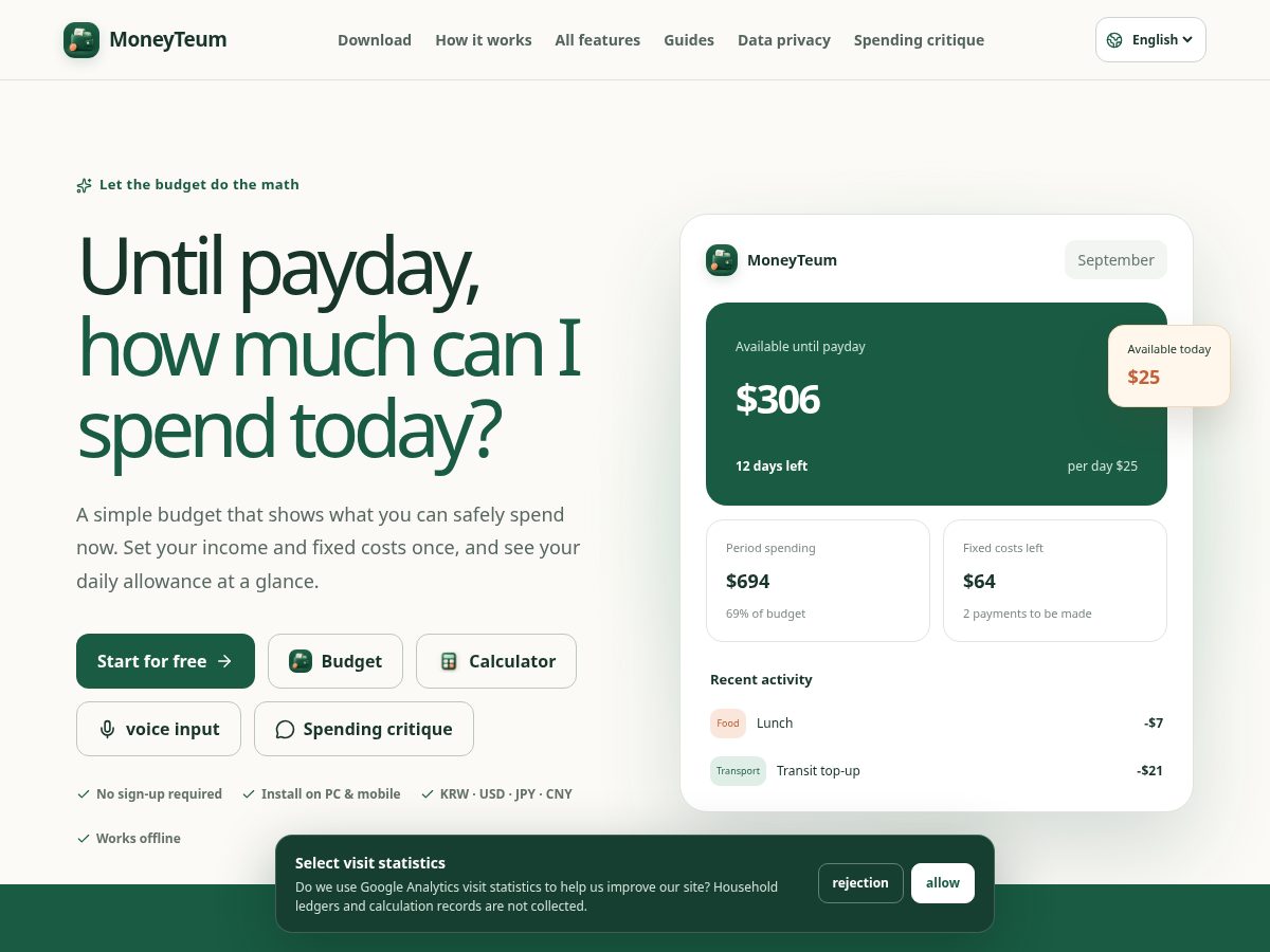 Landing-page snapshot of moneyteum.com