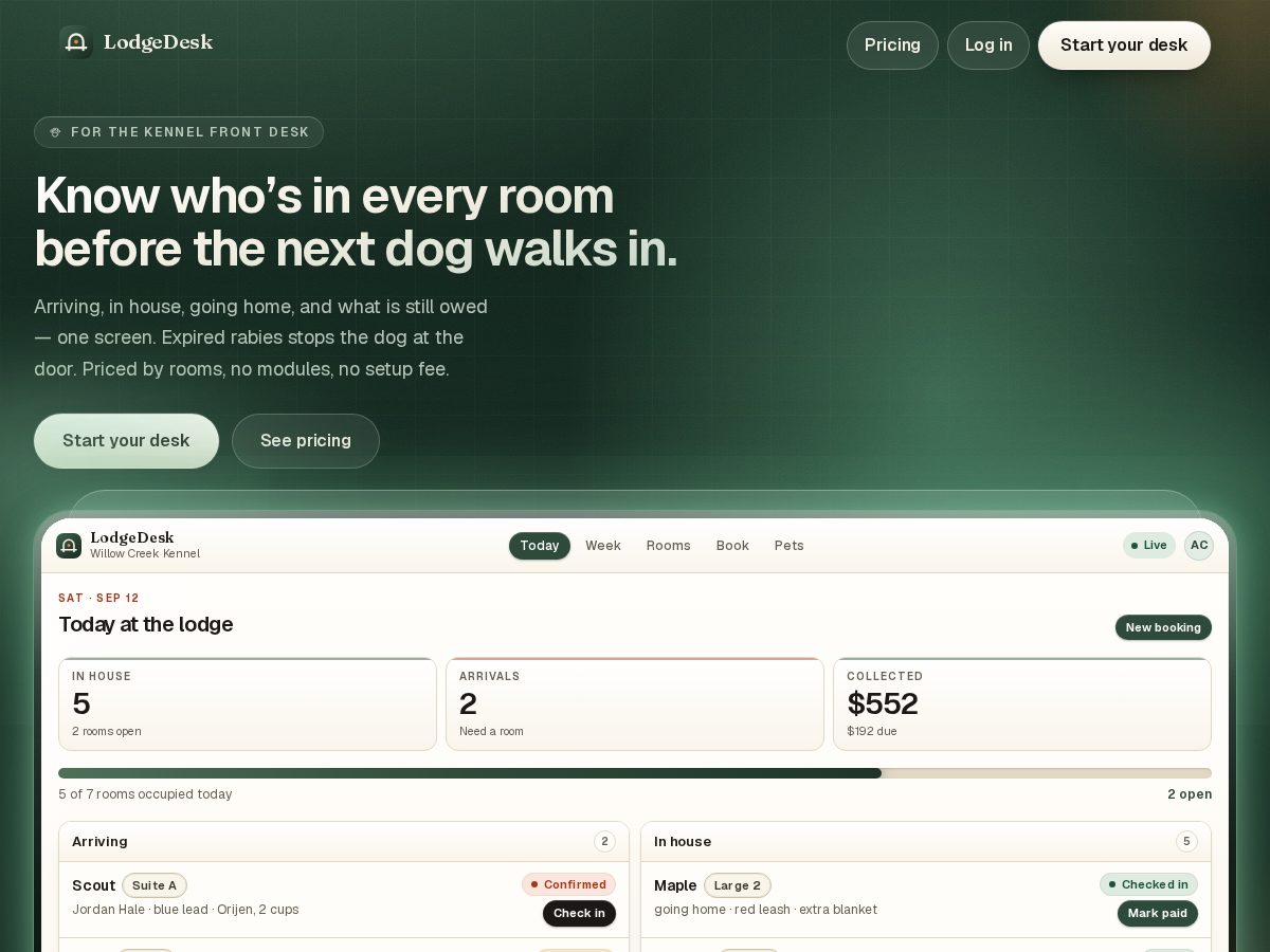 Landing-page snapshot of mylodgedesk.com