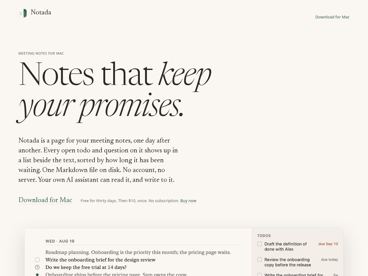 Landing-page snapshot of notada.app