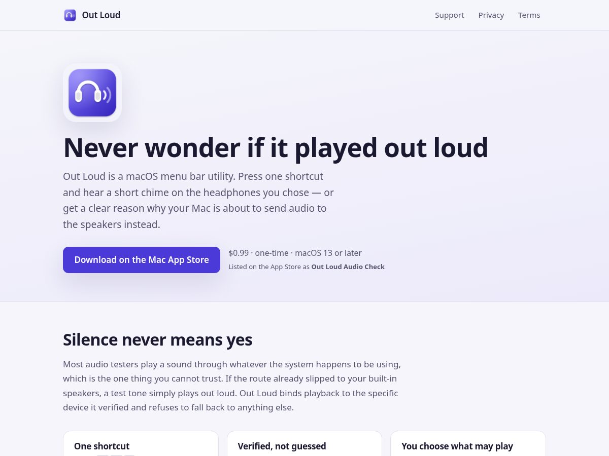 Landing-page snapshot of notoutloud.app
