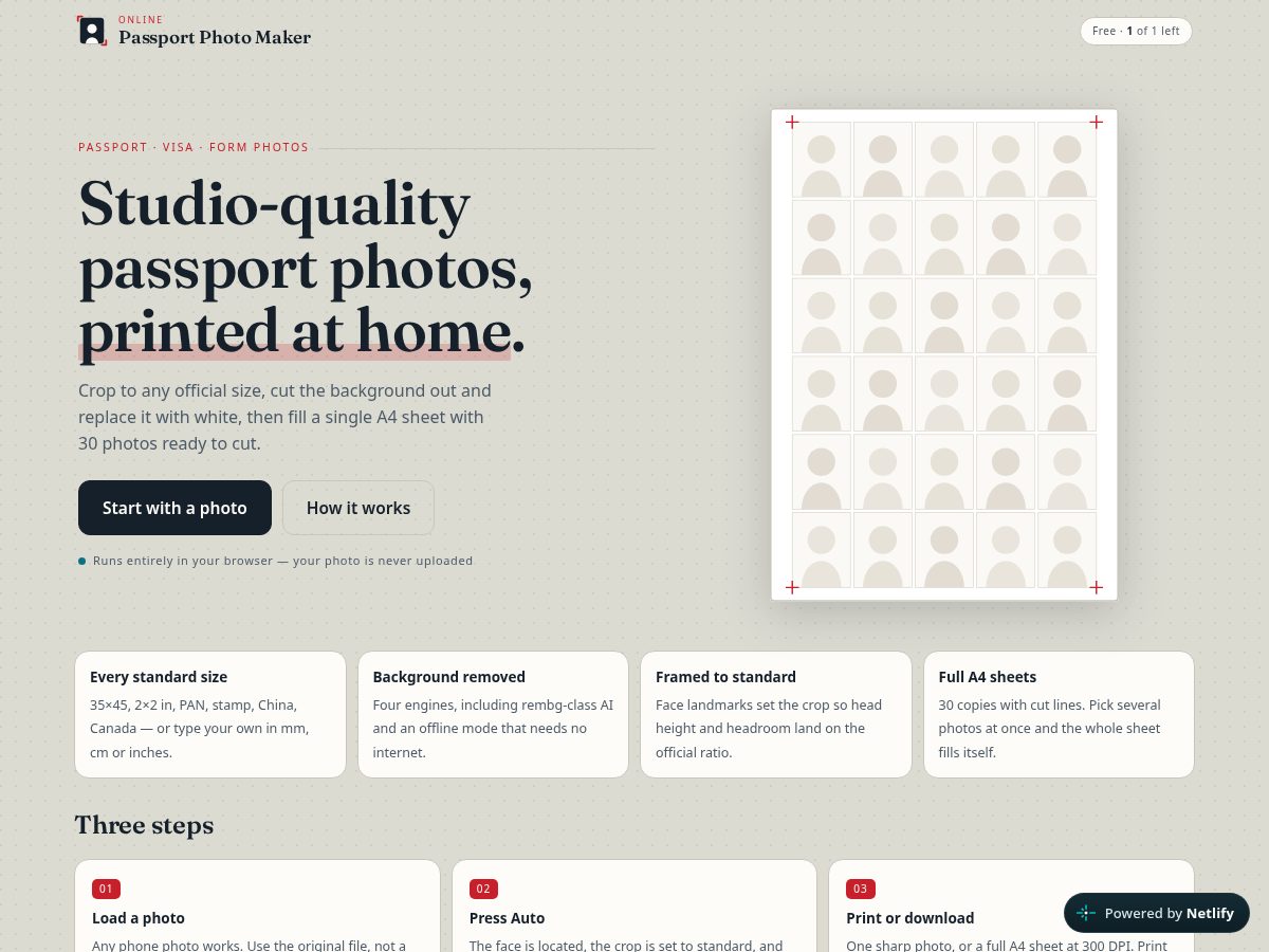 Landing-page snapshot of onlinepassportphotomaker.com