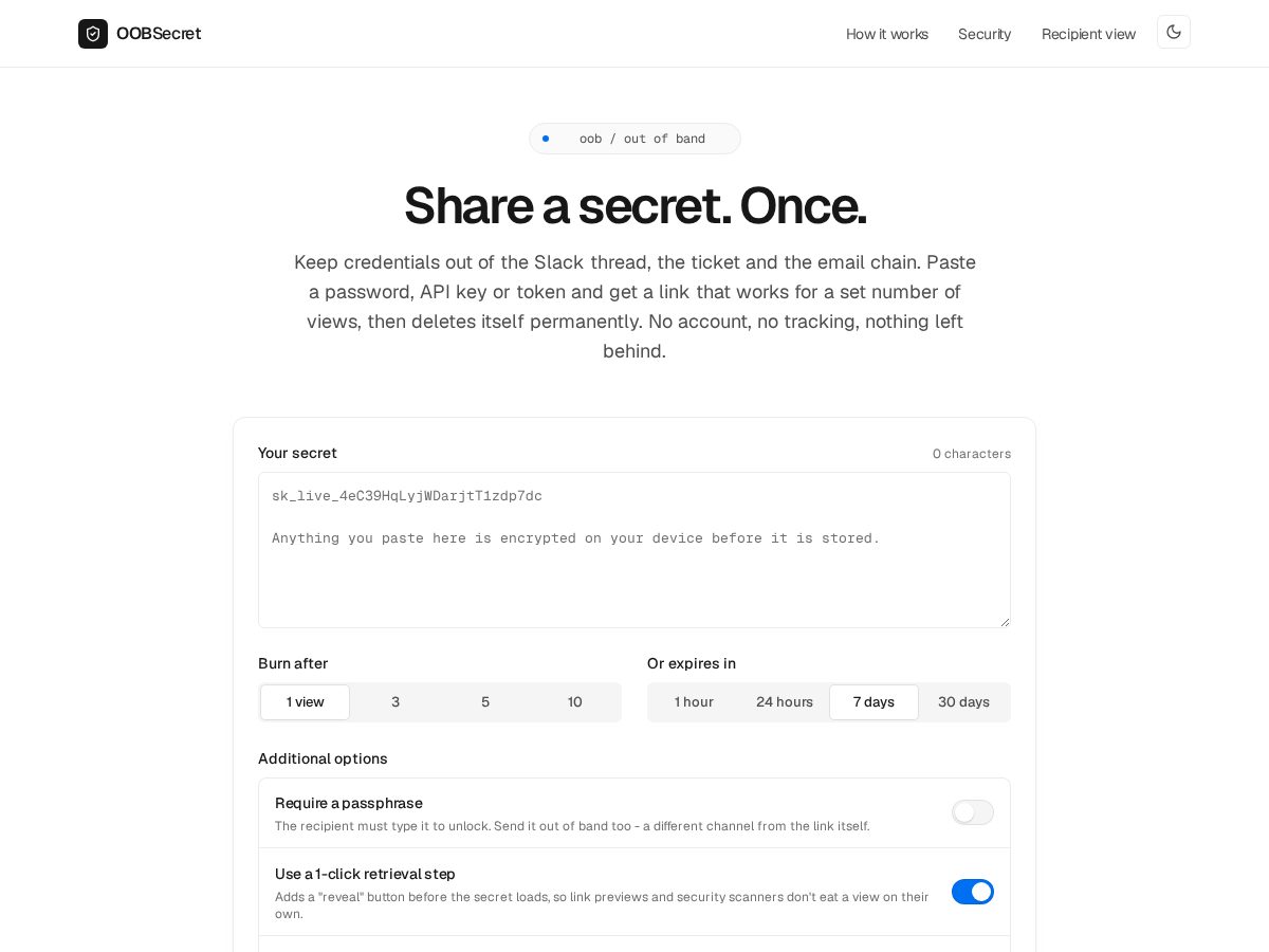 Landing-page snapshot of oobsecret.com