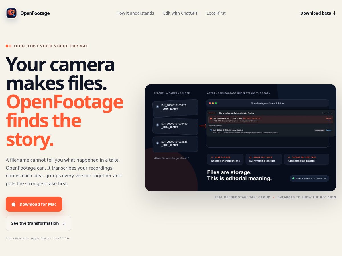 Landing-page snapshot of openfootage.app