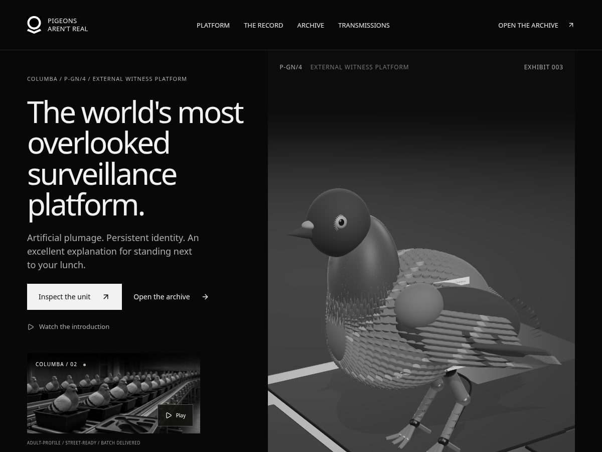 Landing-page snapshot of palantirpigeon.xyz