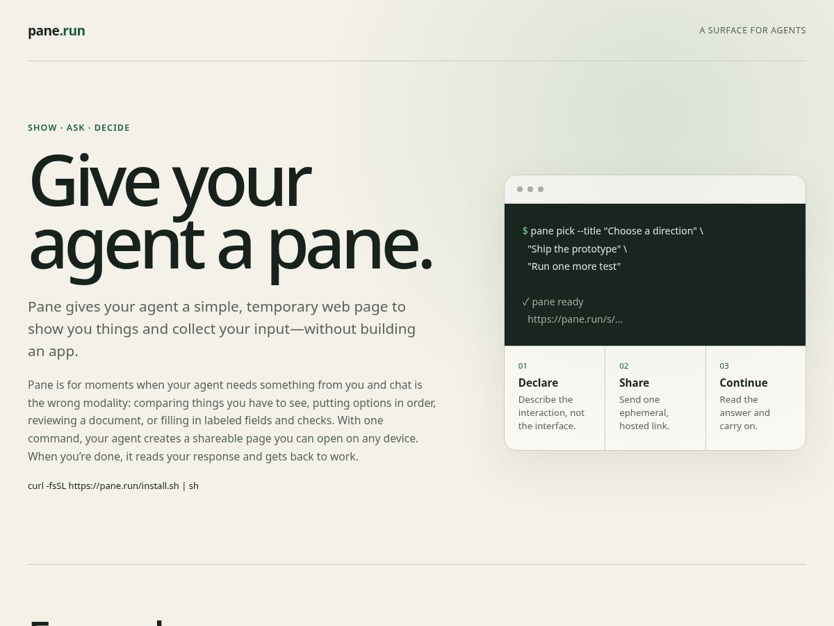 Landing-page snapshot of pane.run
