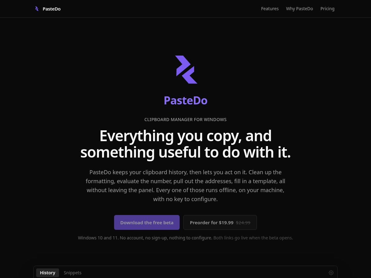 Landing-page snapshot of pastedo.app