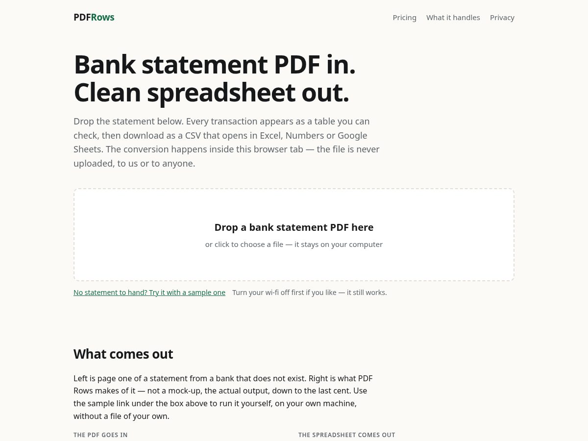 Landing-page snapshot of pdfrows.com