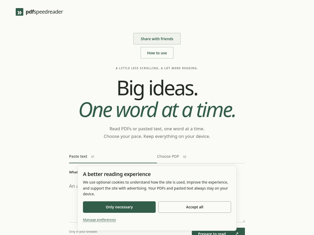 Landing-page snapshot of pdfspeedreader.com