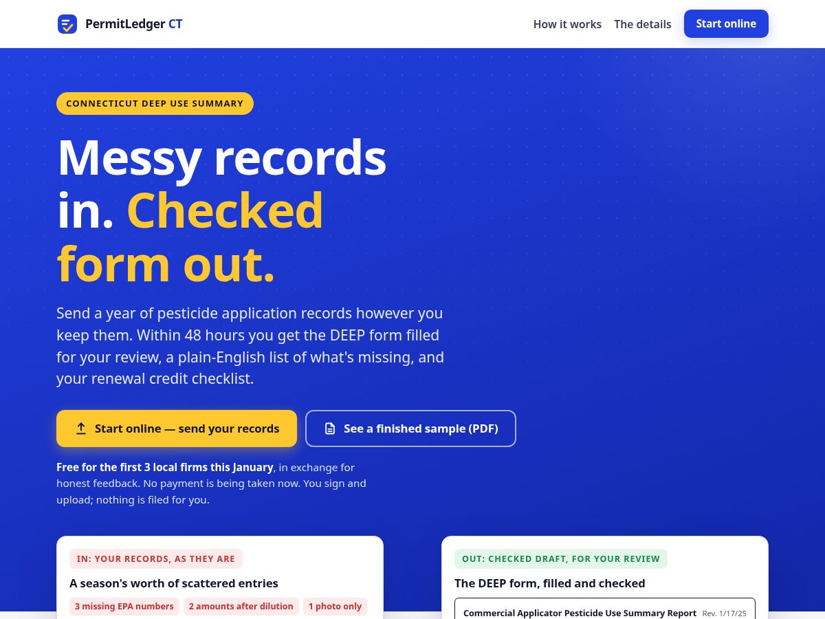 Landing-page snapshot of permitledgerct.com