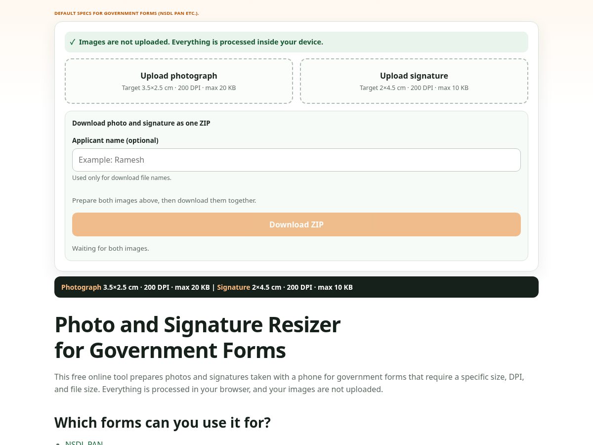 Landing-page snapshot of photoformresizer.com