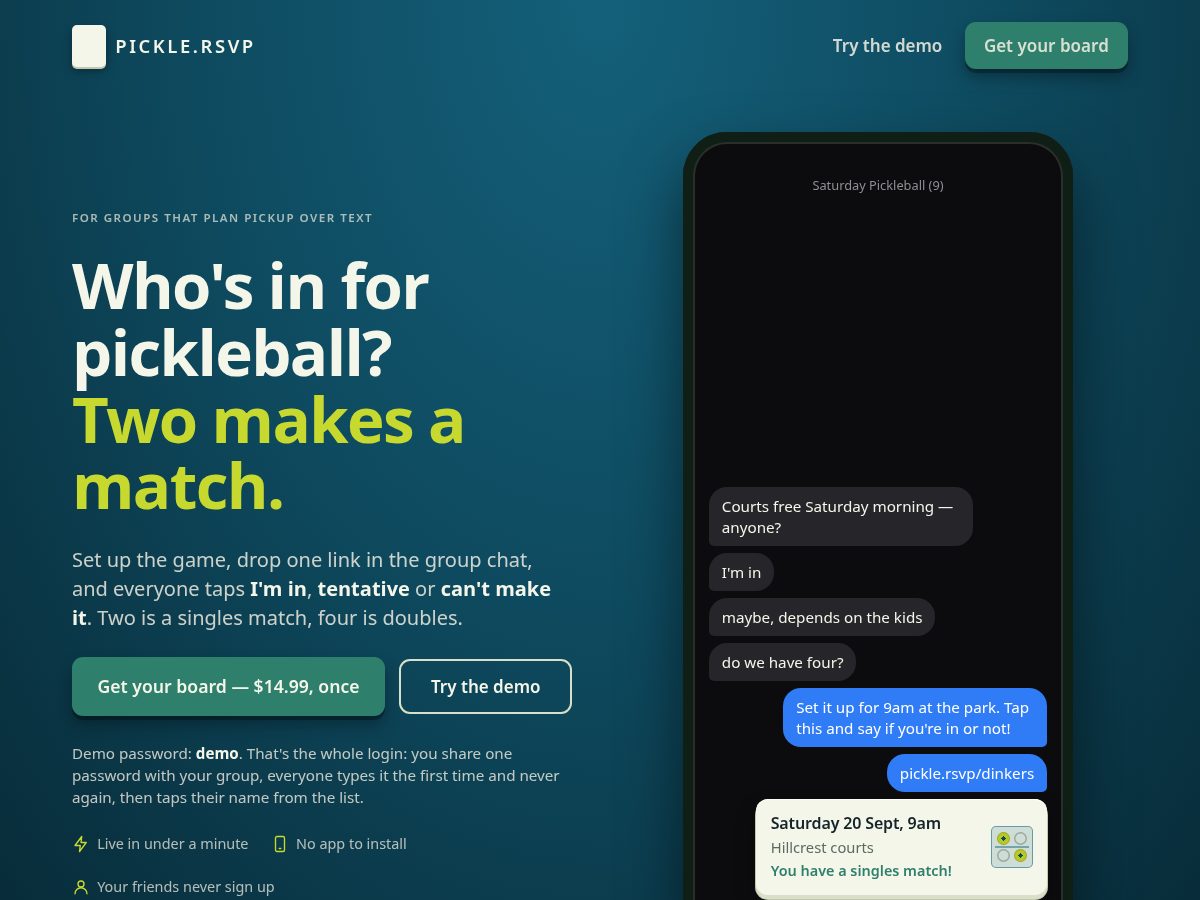 Landing-page snapshot of pickle.rsvp