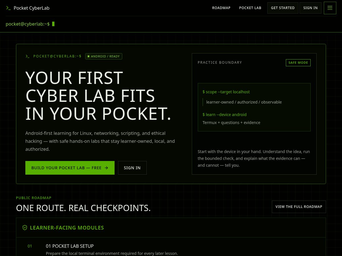 Landing-page snapshot of pocketcyberlab.com