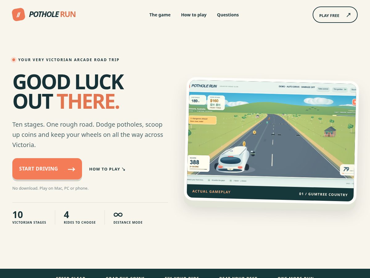 Landing-page snapshot of potholerun.com