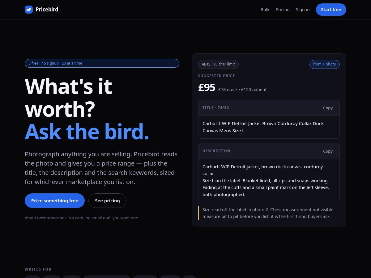 Landing-page snapshot of pricebird.org