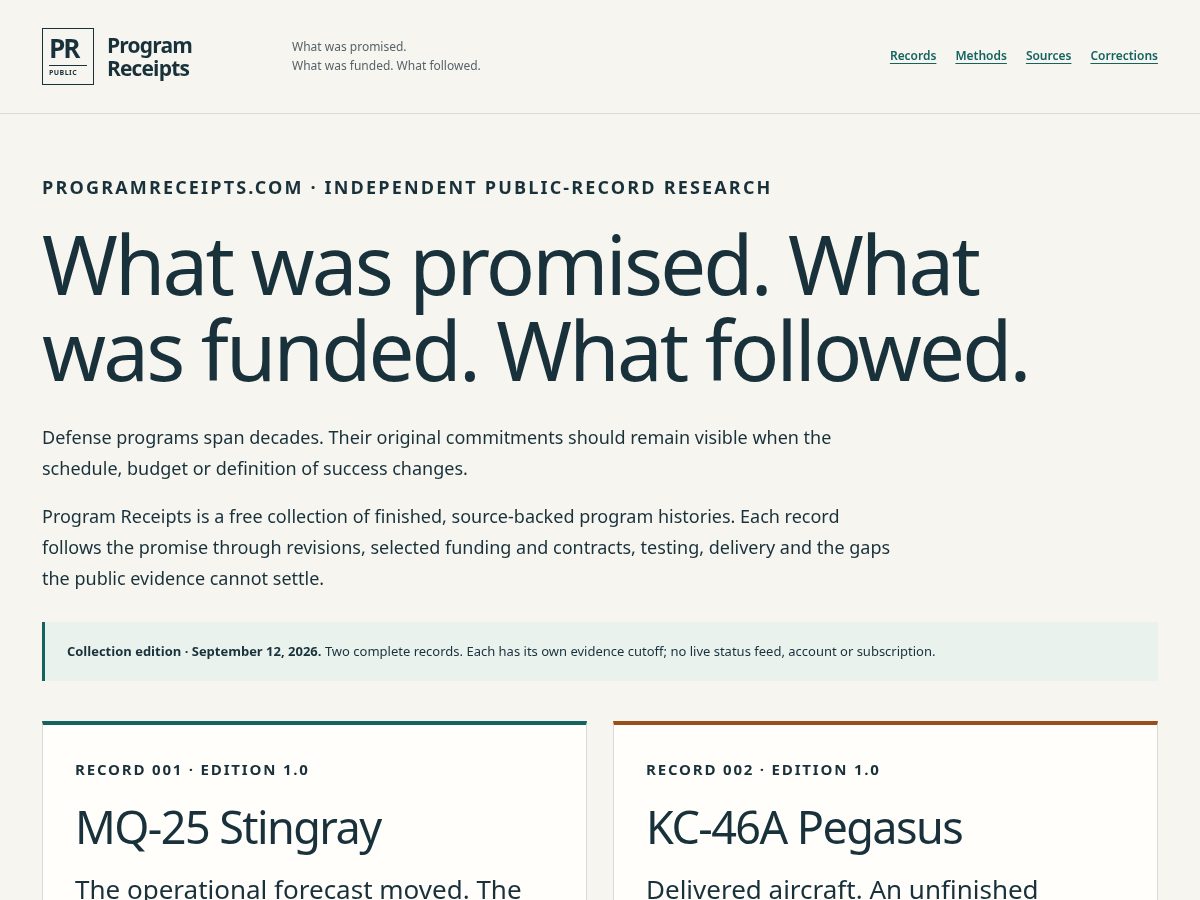 Landing-page snapshot of programreceipts.com