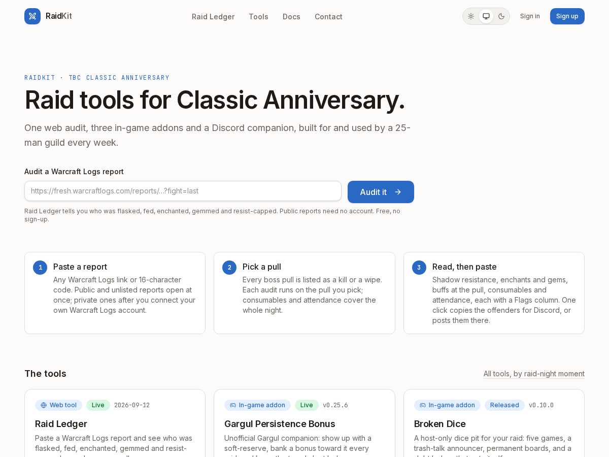 Landing-page snapshot of raidkit.app