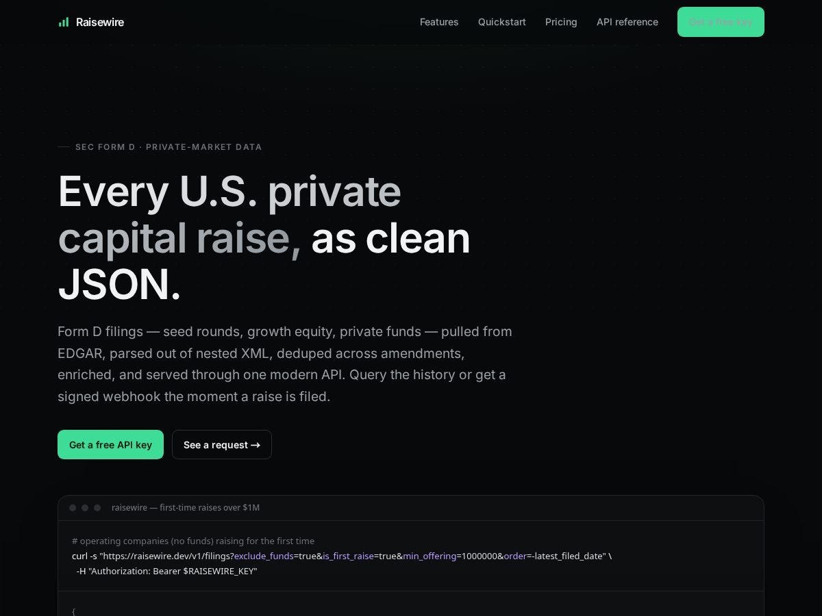 Landing-page snapshot of raisewire.dev