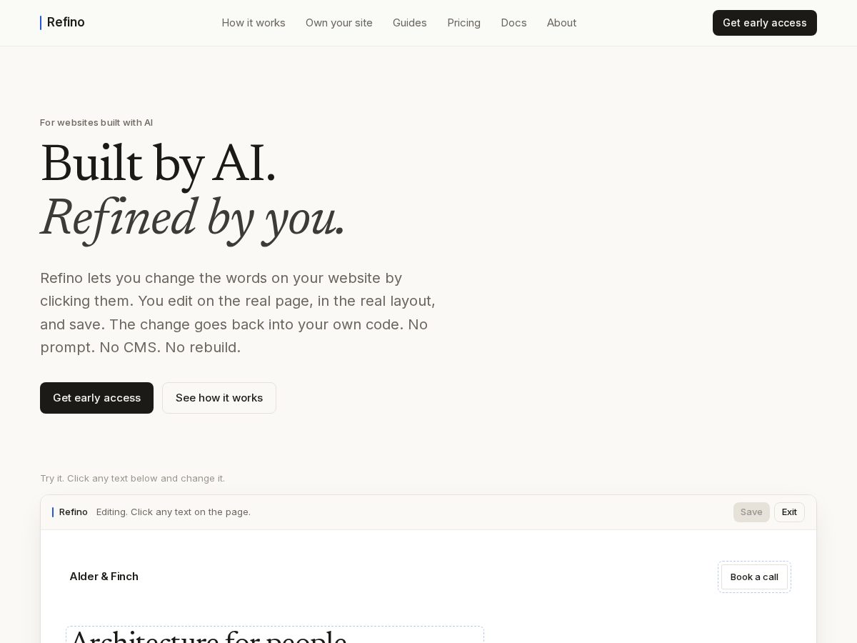 Landing-page snapshot of refino.dev