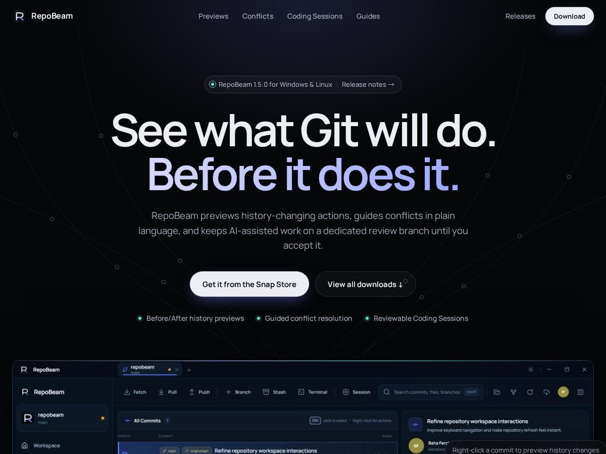 Landing-page snapshot of repobeam.com