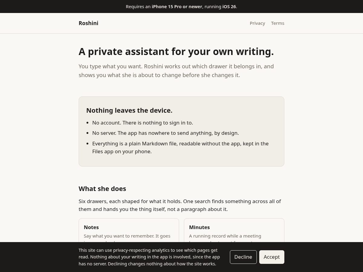 Landing-page snapshot of roshini.app