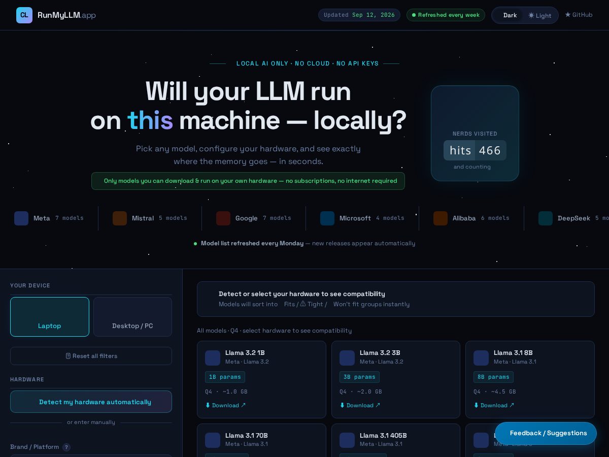 Landing-page snapshot of runmyllm.app