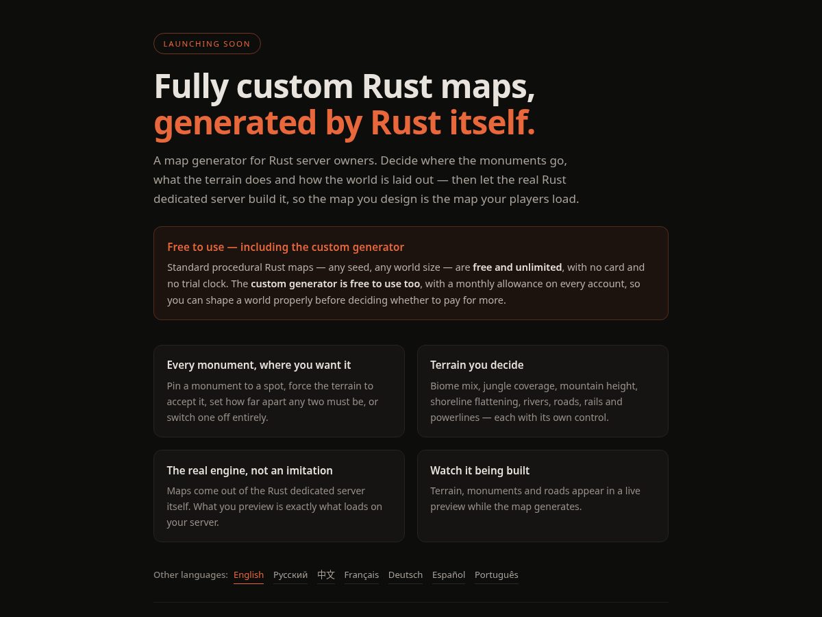 Landing-page snapshot of rustmapgenerator.com