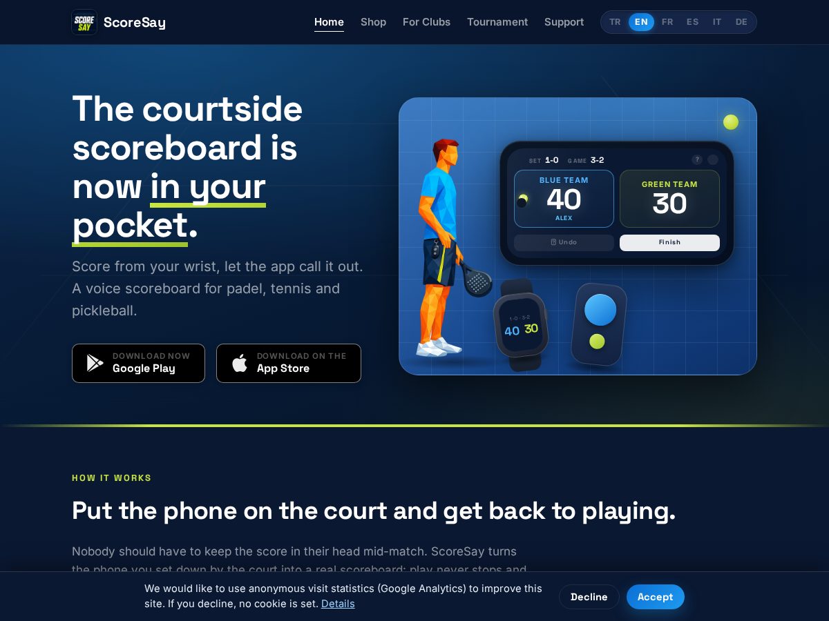 Landing-page snapshot of scoresay.app