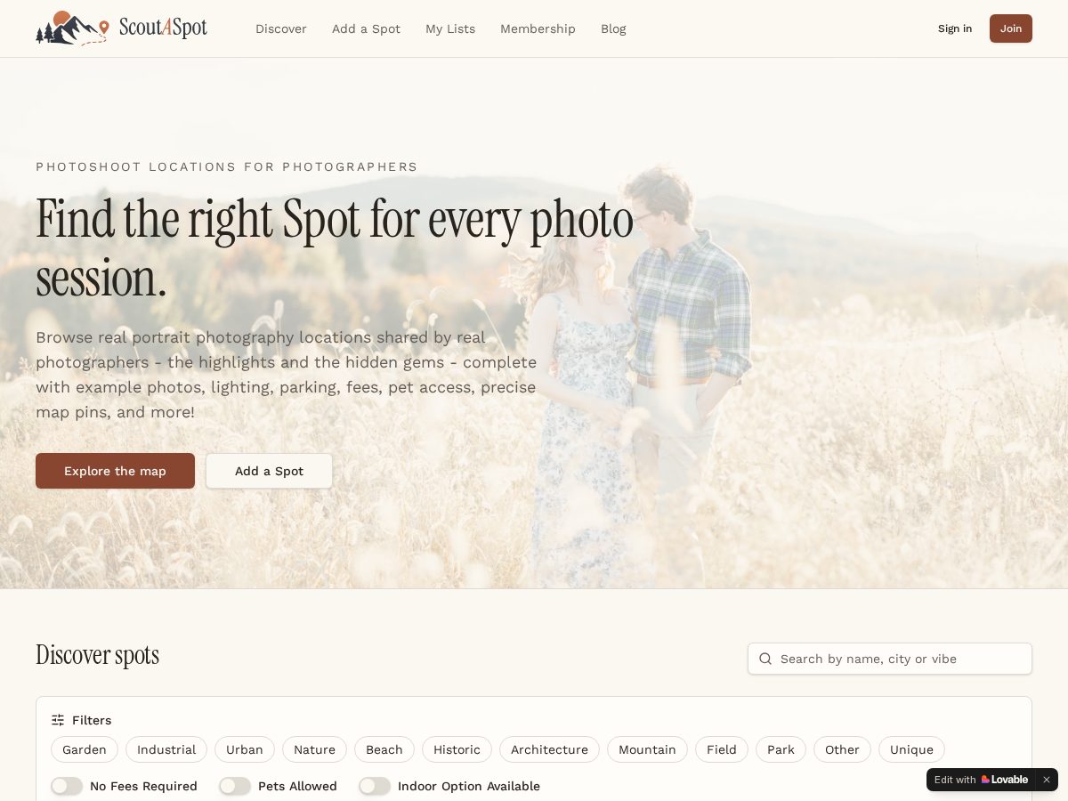 Landing-page snapshot of scoutaspot.com