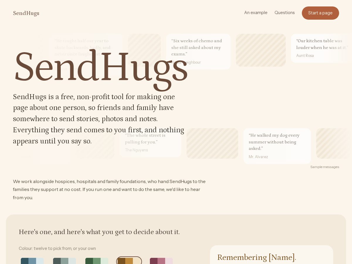 Landing-page snapshot of sendhugs.org