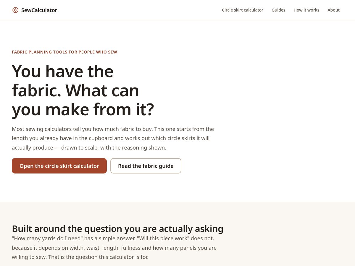 Landing-page snapshot of sewcalculator.com
