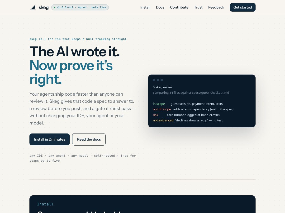Landing-page snapshot of skeg.dev