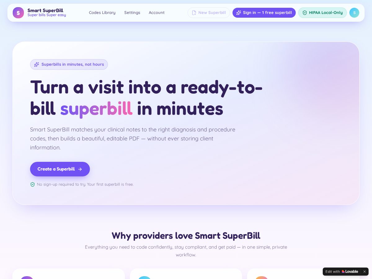 Landing-page snapshot of smartsuperbill.com