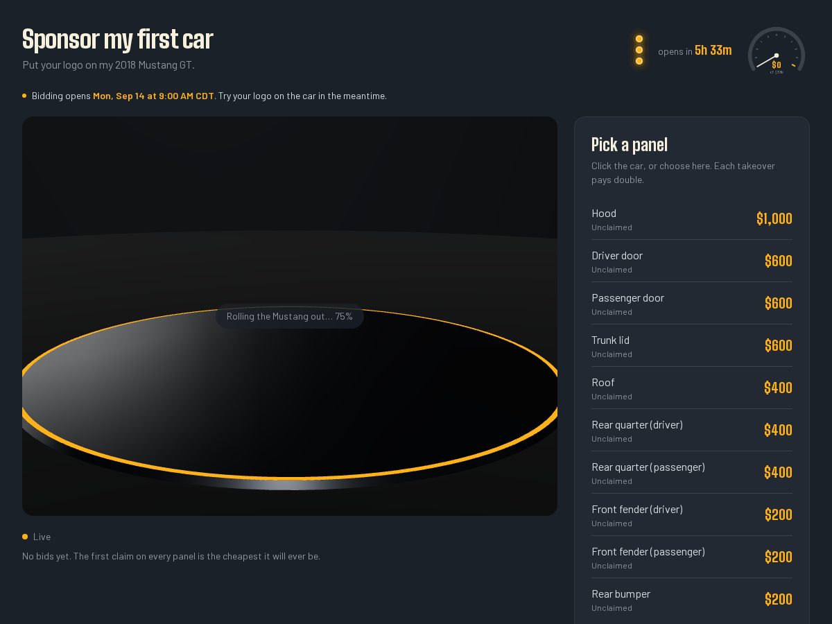 Landing-page snapshot of sponsormymustang.lol