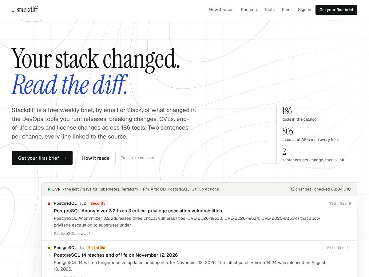 Landing-page snapshot of stackdiff.dev
