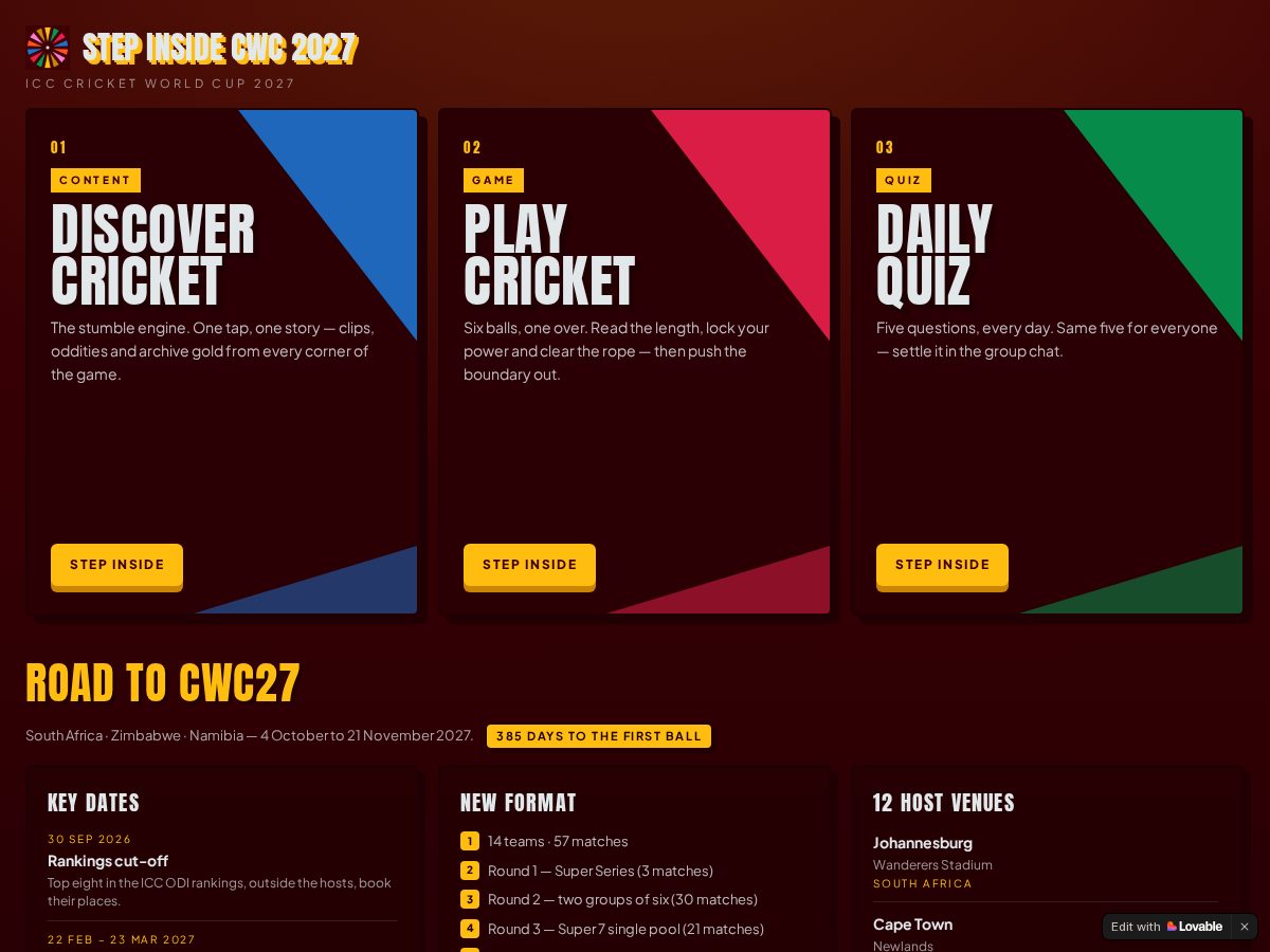 Landing-page snapshot of stepinside.cricket