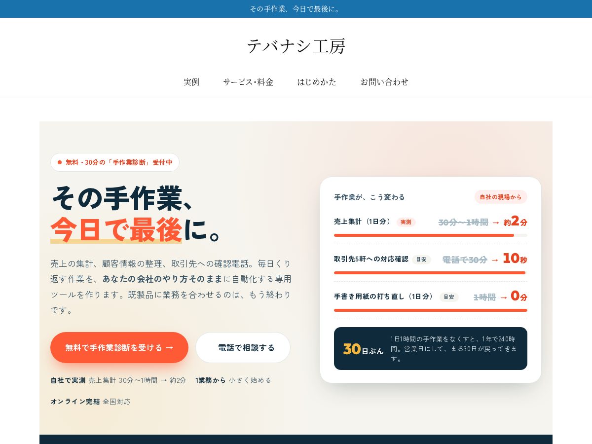 Landing-page snapshot of tebanashi-koubou.com