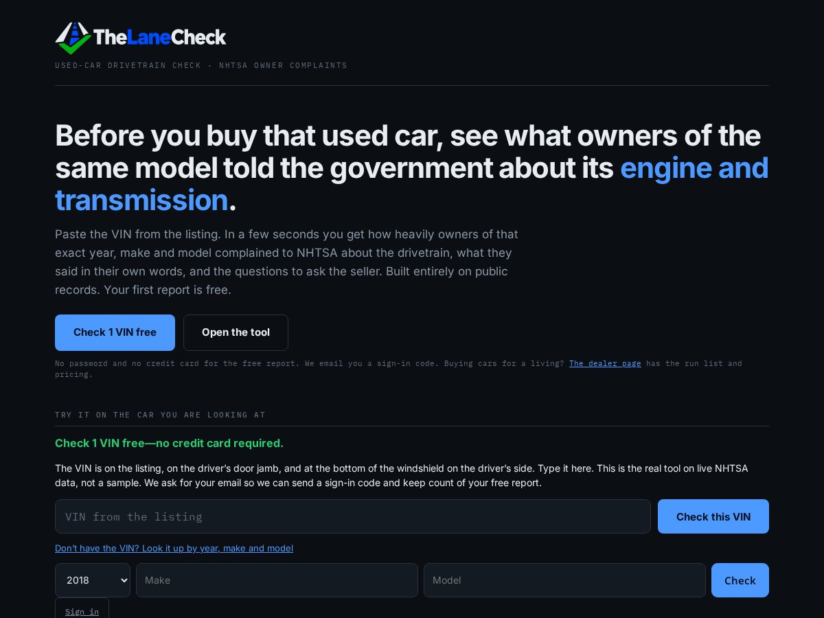 Landing-page snapshot of thelanecheck.com