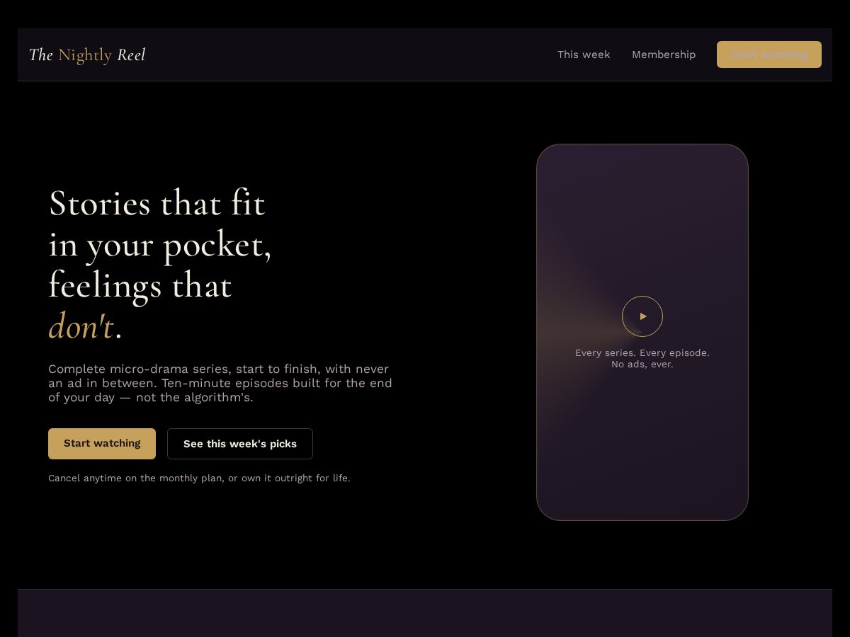 Landing-page snapshot of thenightlyreel.com
