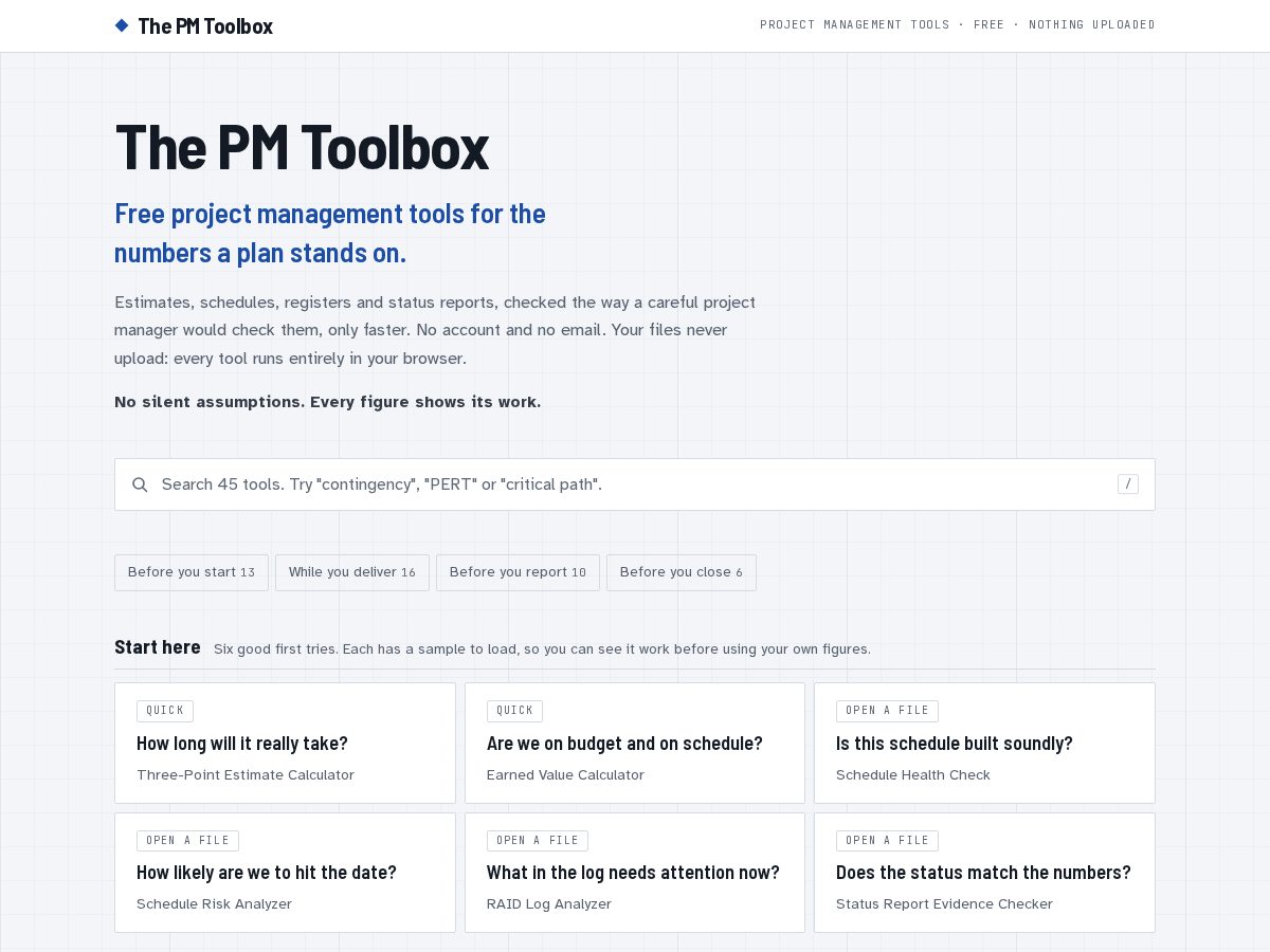 Landing-page snapshot of thepmtoolbox.com